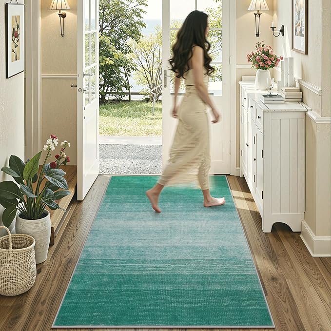 Wonnitar Modern Ombre 3x5 Area Rug, Teal Washable Bedroom Rug, Non-Slip Abstract Soft Nursery Throw Mat, Contemporary Stain Resistant Gradient Entry Soft Carpet for Bathroom Dorm (Teal, 3'x5')