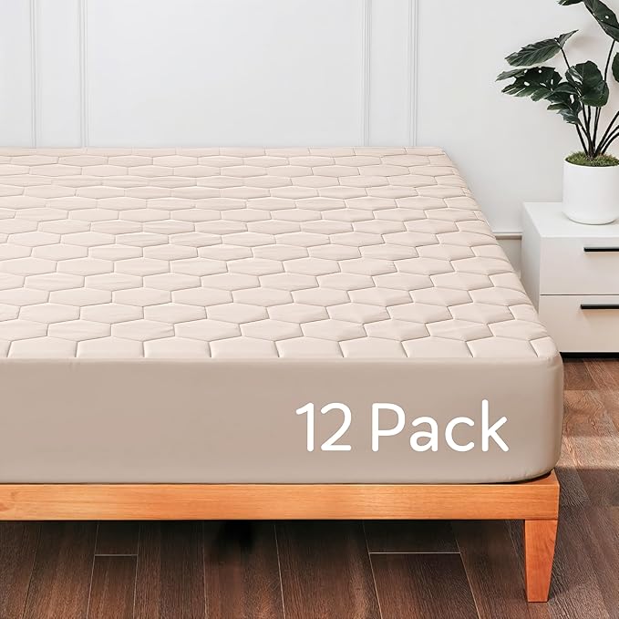 Hearth & Harbor 12 Pack King Size Quilted Fitted Mattress Pad Cover, 100% Waterproof Mattress Protectors, Deep Pocket Fitted Mattress Cover 8" - 21" (78" x 80", Beige Cream)