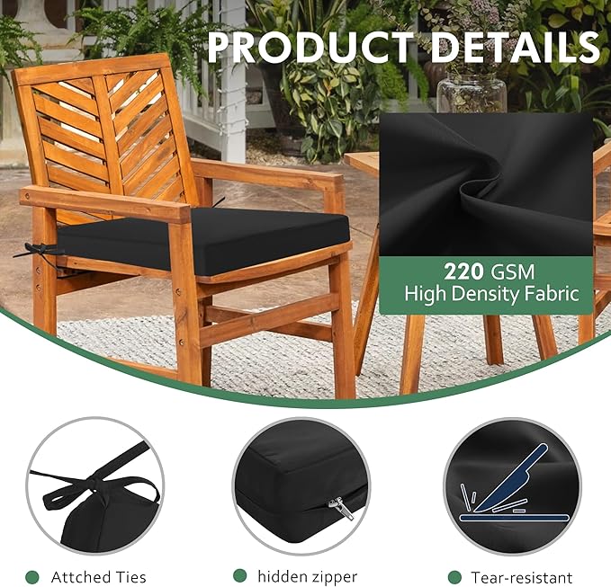 Outdoor Chair Cushions Set of 4: Waterproof & Fade Resistant Deep Seat Cushion for Patio Furniture - 24 x 24 x 3 Inch Chair Pads with Ties and Hidden Zipper - Patio Chair Cushion Replacement, Black