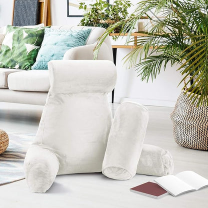 Nestl Reading Pillow with Shredded Memory Foam Includes 2 Neck and Lumber Support Pillows, Designed for Sitting Up in Bed and Couch, Back and Arms Adjustable Support for Adult & Teens, White