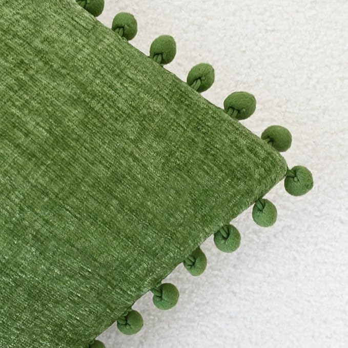 CaliTime Throw Pillow Covers Decorative 20 X 12 Inches Pack of 2 Cozy Solid Dyed Soft Chenille Cushion Cases with Pom Poms for Couch Sofa Bed Living Room Home Forest Green
