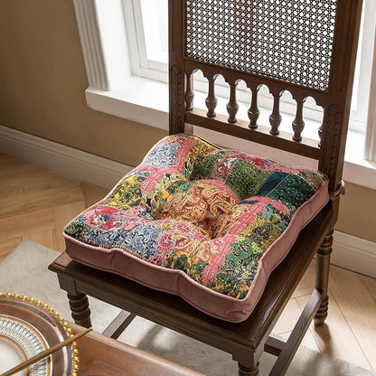 vctops Boho Paisley Chair Cushions with Ties Patchwork Square Soft Cozy Cotton Linen Chair Pads Non Slip Seat Cushions for Indoor Dining Room and Kitchen Chairs (Pink,16"x16")