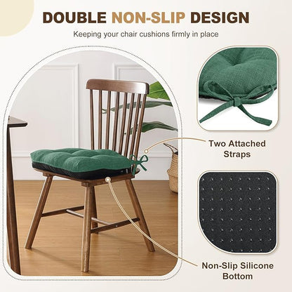 downluxe Indoor Chair Cushions for Dining Chairs, Tufted Overstuffed Textured Foam Kitchen Chair Pads with Ties and Non-Slip Backing, 15.5" x 15.5" x 4", Dark Green, 4 Pack