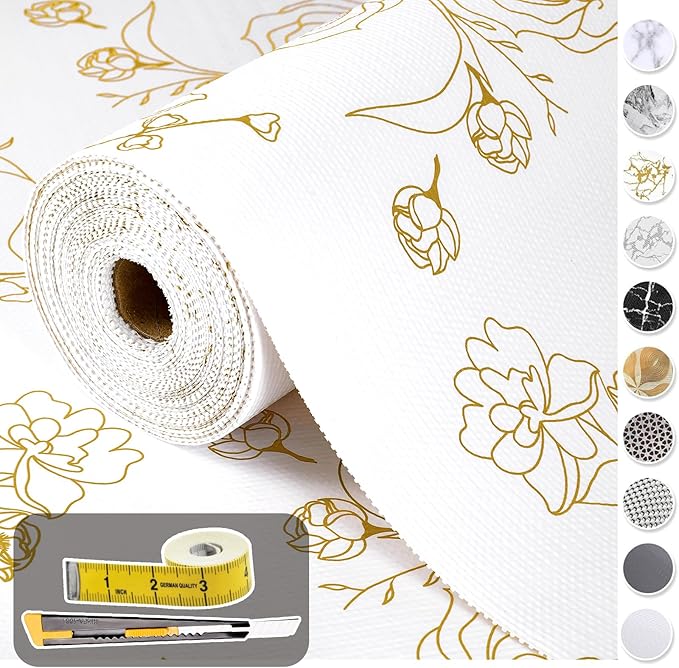 Shelf Liners for Kitchen Cabinets 12in x 20FT Non Adhesive Drawer Liner Gold Floral Thickened Shelf Liner Paper Strong Non-Slip Easy to Clean for Tool Box Refrigerator with Knife and Tape Measure