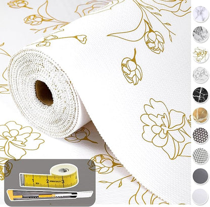 Shelf Liners for Kitchen Cabinets 12in x 20FT Non Adhesive Drawer Liner Gold Floral Thickened Shelf Liner Paper Strong Non-Slip Easy to Clean for Tool Box Refrigerator with Knife and Tape Measure