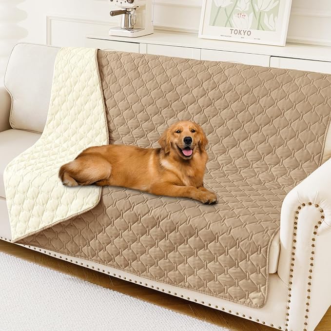 Smiry Waterproof Dog Bed Cover Blanket, Soft Reversible Pet Blanket, Washable Leakproof Cats Dogs Couch Cover for Sofa, Couch, Furniture, Plaid (52x82 Inch, Camel/Beige)