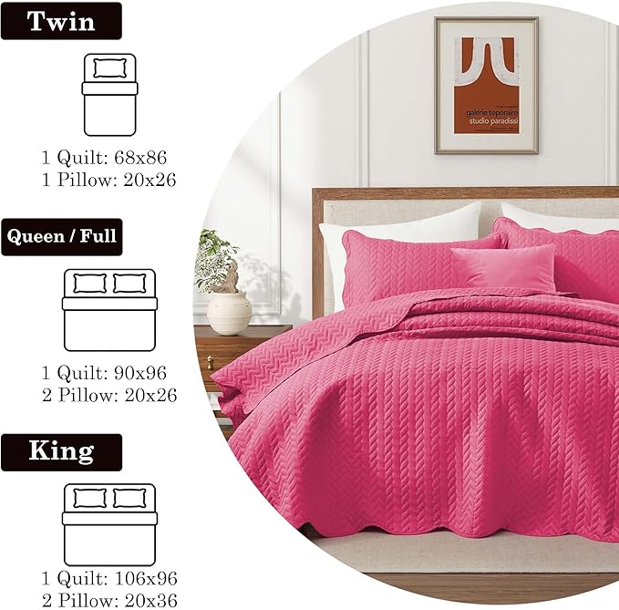 IR Imperial Rooms California King Quilt Bedding Set Size (118"x106") + 2 Pillow Shams (20" x 36"+ 2") - 3 Pcs All Season Reversible Microfiber Coverlet Embossed Quilt Bedspread (Pink)
