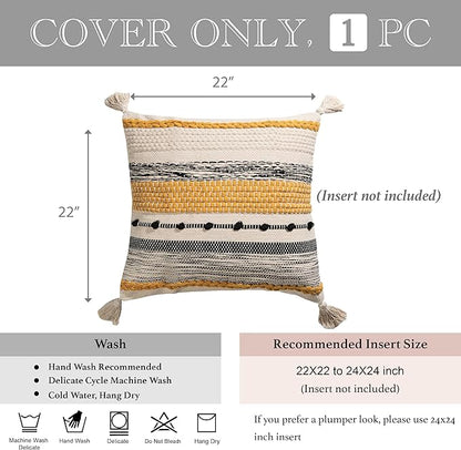 BlissBlush Fall Boho Decorative Throw Pillow Cover 22x22 Square Yellow Mustard Accent Pillowcase Tassels Farmhouse Cushion for Couch Sofa Bedroom Living Room Home Décor Cover ONLY (Pack of 1)