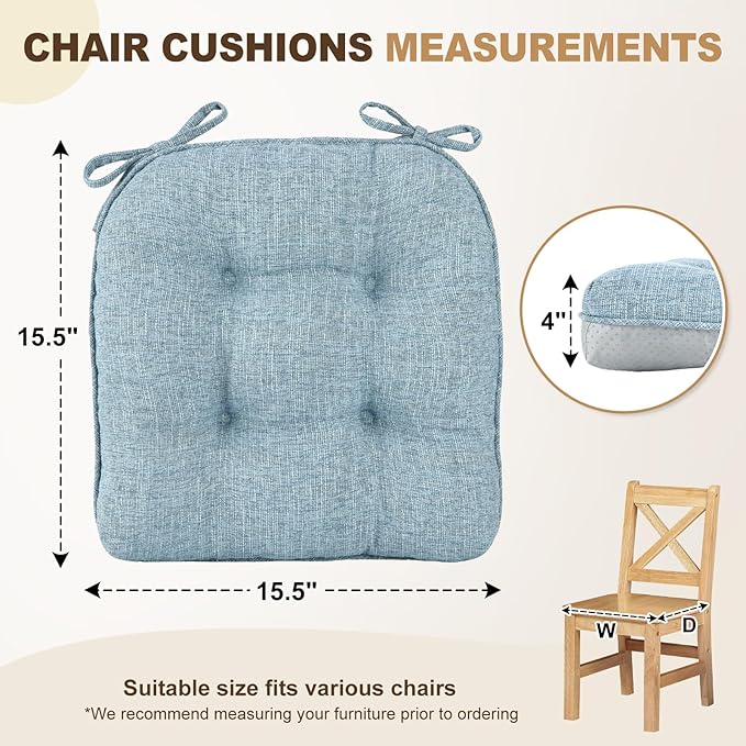 downluxe Indoor Chair Cushions for Dining Chairs, Tufted Overstuffed Textured Foam Kitchen Chair Pads with Ties and Non-Slip Backing, 15.5" x 15.5" x 4", Light Blue, 6 Pack