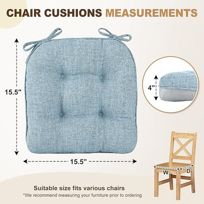 downluxe Indoor Chair Cushions for Dining Chairs, Tufted Overstuffed Textured Foam Kitchen Chair Pads with Ties and Non-Slip Backing, 15.5" x 15.5" x 4", Light Blue, 6 Pack