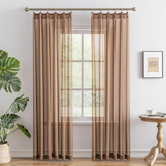 Mocha Pinch Pleated Curtains 84 Inch Length for Living Room Farmhouse Soft Textured Sheer Pleated Drapes with Ajustable Hooks for Bedroom, Mocha Moose, 42" W x 84" L, 2 Panels