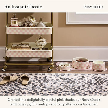 MACKENZIE-CHILDS Pup Placemat, Cute Pet Food Mat for Dog Bowls and Cat Bowls, Pink-and-White Rosy Check