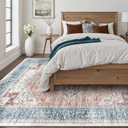 LIVEBOX 8x10 Washable Area Rug - Large Vintage Tribal Living Room Rug Oriental for Bedroom, Non-Slip Retro Medallion Carpet Print Distressed for Dining Room Guest Office