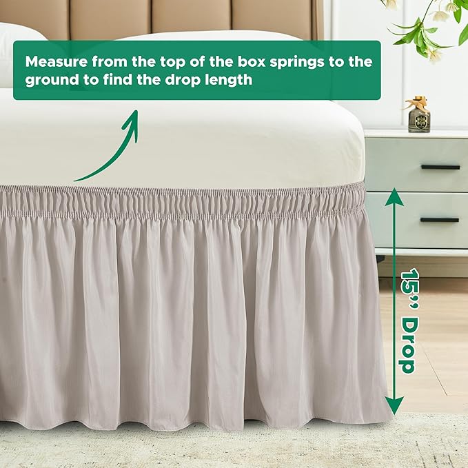 Biscaynebay Wrap Around Bed Skirts for Queen Beds 15" Drop, Camel Grey Adjustable Elastic Dust Ruffles Easy Fit Wrinkle & Fade Resistant Silky Luxurious Fabric Machine Washable