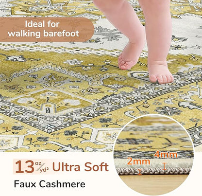 OPPODREAM Thin Area Rugs 3x5, Washable Rugs with Non Slip Backing, Low-Pile Throw 3x5 Carpet, Faux Cashmere 3 x 5 Carpet, Yellow