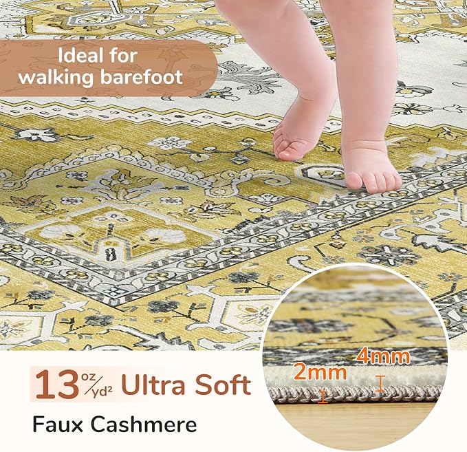 OPPODREAM Thin 6x9 Area Rugs, Washable Rug 6x9 with Non Slip Backing, Faux Cashmere Low-Pile 6 x 9 Carpet, Yellow