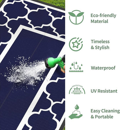 GENIMO 2.5' x 8' Outdoor Rug Waterproof for Patio Decor, Foldable Reversible Plastic Straw Area Rugs Mat for Runner Porch, Outside Carpet for Rv, Deck, Picnic, Beach, Balcony, Camper, Blue & White