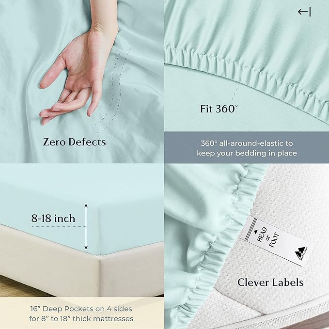 Mayfair Linen 500 Thread Count Full Cotton Sheets - 4 PC Full Size Bed Sheet Set Cotton (Sea Foam), Soft, Cooling, Sateen Hotel-Quality 16" Deep Pocket Bedsheet for Hot Sleepers (Fits 18" Mattress)