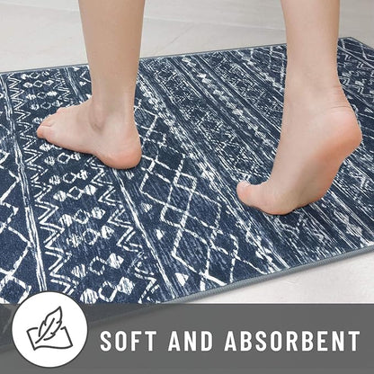 KUTA Boho Kitchen Rugs 2x5 ft Navy Blue Moroccan Washable Runner Rug Non-Slip Vintage Hallway Runners Ultra Soft Distressed Geometric Floor Carpet for Bedroom Laundry Living Room