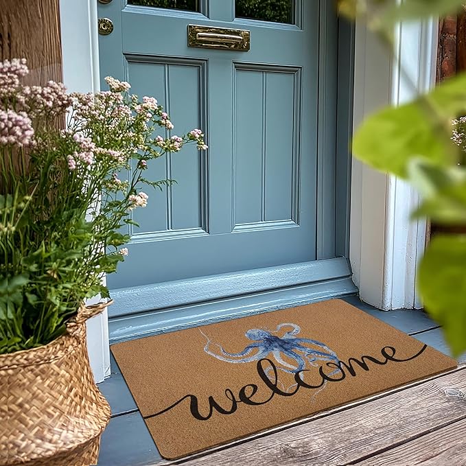 Coastal Octopus Door Mat, Beach Doormat, Coastal Ocean Beach Welcome Front Door Mat Indoor Outdoor Entrance, Ocean Artificial Coir Doormats Rugs for Porch Patio Entryway Home Decor 30x17in