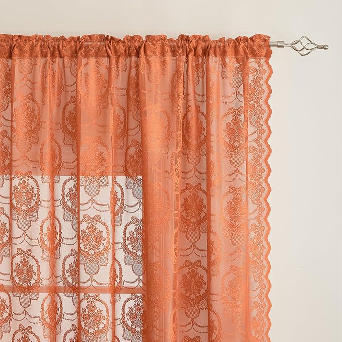 Burnt Orange Lace French Delicacy Curtains 63 Inches Long -Rod Pocket Luxury Vintage Bow Butterfly Sheer Flower Lace Curtains for Living Room Bedroom，52 x 63 Inch, 2 Panels