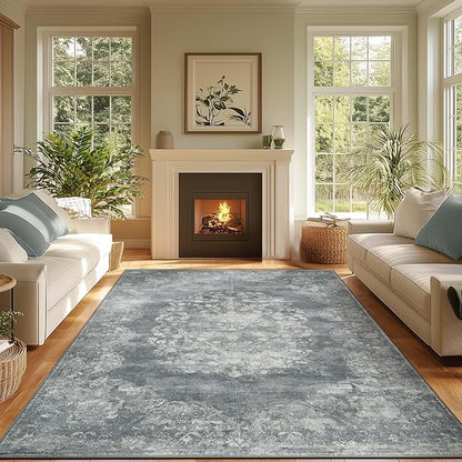 jinchan Washable Area Rug 6x9 for Living Room - Soft Faux Wool Ultra-Thin Stain Resistant Non-Slip Distressed Vintage Floral Rug Large Carpet for Bedroom Dining Room Home Office Nursery(Grey, 6'x9')