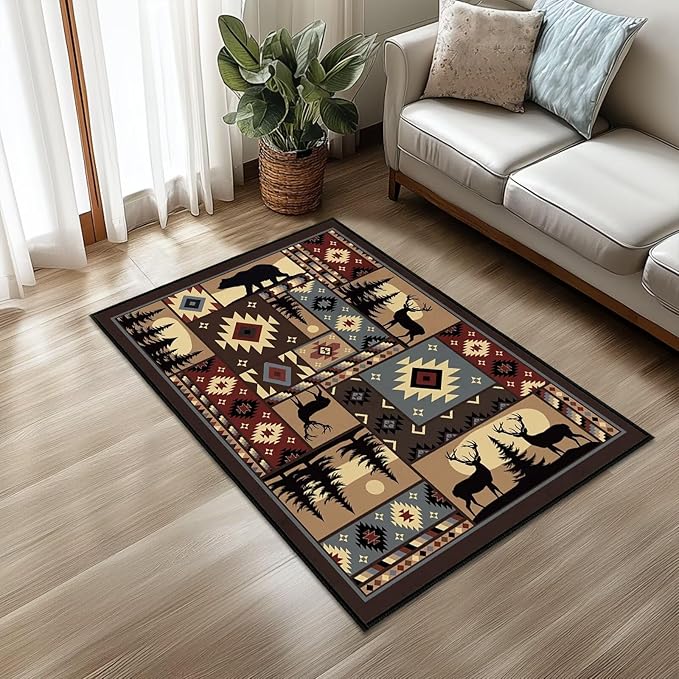 Rustic Rug 2x3 Washable Area Rugs,Buffalo Plaid Bear Moose Deer Country,Cabin Wildlife Entrance Rug Small Throw Carpet Vintage Floor Carpets Non Slip Indoor Door Mat for Entryway,Front Door,Kitchen