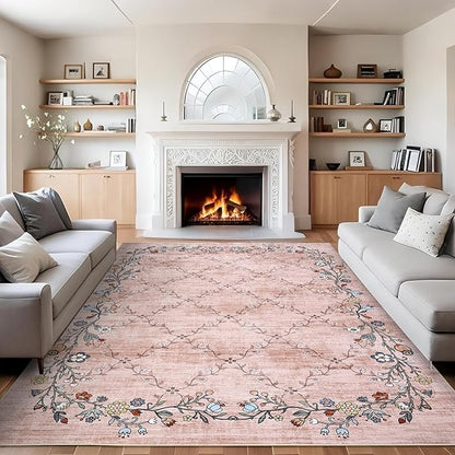 GarveeHome 10x13 Washable Floral Area Rugs for Living Room: Modern Floral Non Slip Large Area Rugs for Bedroom, Large Machine Washable Living Room Low Pile Carpet with Non-Slip Backing Pink 10'x13'.