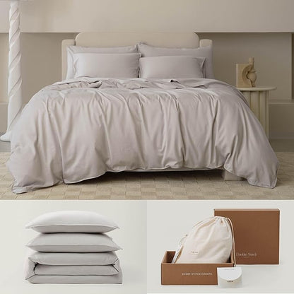 Double Stitch Cotton Tencel Duvet Cover - Queen Size Comforter Cover, Luxury & Soft Eucalyptus Lyocell Bedding Set for Hot Sleepers, Cooling & Breathable, Button Closure, Winter Sky, 90"x90"