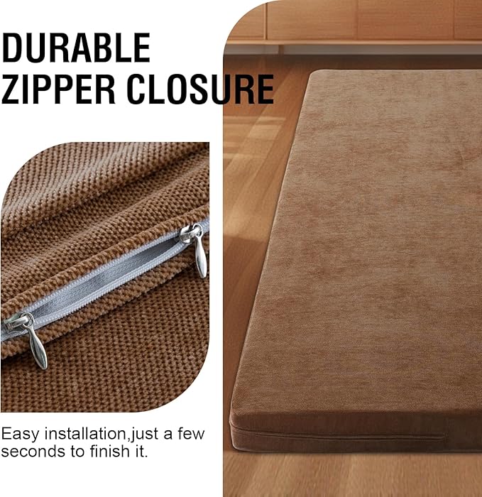 H.VERSAILTEX Full Size Armless Futon Mattress Covers for Traditional Japanese Futon Mattress Soft Chenille Couch Slipcovers Floor Mats Sofa Protector Zippered Sleeper Sofa Cover,Caramel