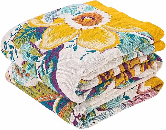 Farmhouse Throw Blanket, 80"x 98" Boho Throw Blankets for Couch Cover, 100% Cotton Bohemian Vintage Quilt for All Seasons Reversible Florals Lightweight Picnic Blankets Home Decoration