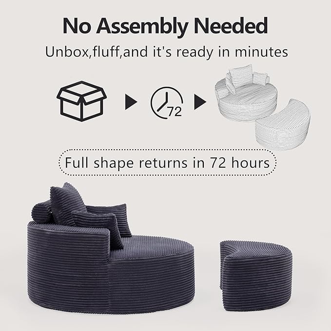 55.11" W Oversized Round Chaise Lounge Chair, Deep Seat Corduroy Cloud with Pillows, Moveable Ottoman and Blanket– Comfy Circle Loveseat Sofa Chair for Living Room or Bedroom (Grey)