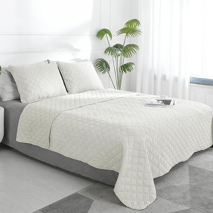 Easy-Going King Size Reversible Quilt Set with 1 Quilt and 2 Pillow Shams, Soft Bed Quilt Cover, Water Resistant Lightweight Microfiber Bedspread, Stain Resistant, Ivory/Ivory