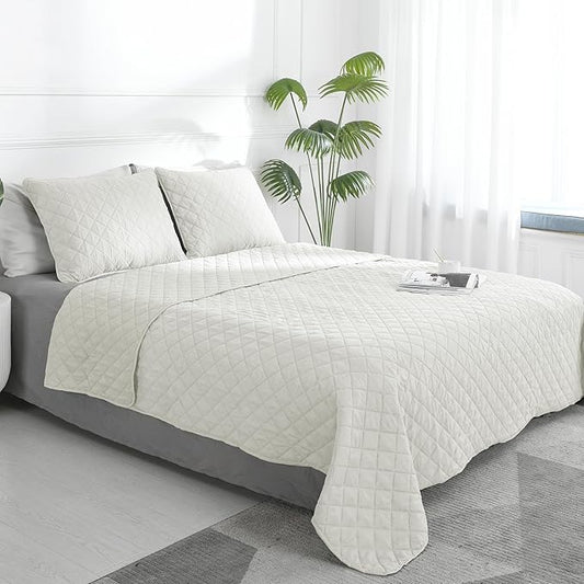 Easy-Going Full/Queen Size Reversible Quilt Set with 1 Quilt and 2 Pillow Shams, Soft Bed Quilt Cover, Water Resistant Lightweight Microfiber Bedspread, Stain Resistant, Ivory/Ivory