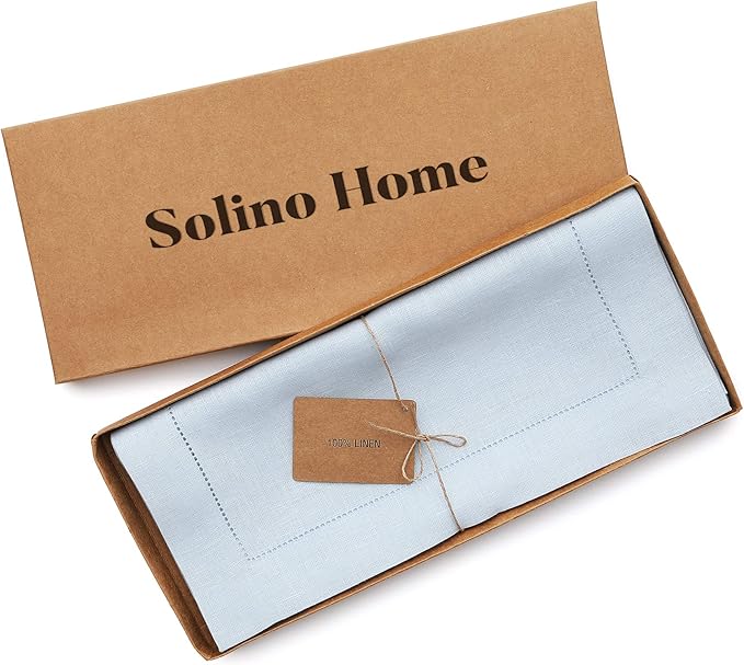 Solino Home Linen Light Blue Table Runner 90 Inches Long - 100% Pure Linen Hemstitch 14 x 90 Inch Table Runner for Dining, Winter, Christmas, New Year - Classic Hemstitch
