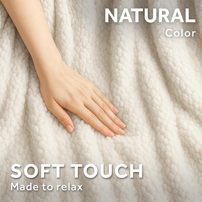 Sunbeam Royal Sherpa Foot Pocket Heated Throw Electric Blanket, 50" x 60", 4 Heat Settings, 4-Hour Auto Shut-Off, Warming Throw for Couch or Bed, Fast Heating, Machine Washable, Natural