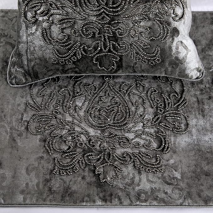 HomeCentric Designer Handmade Bed Runner and Throw Pillow Cover, 74 x 18 Inch Damask Foil Velvet and Embroidery Bed Linen