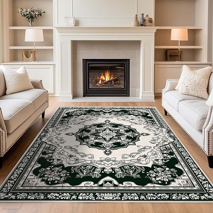 5x7 Traditional Oriental Area Rug Black White Dark Green Rug Non Slip Low Pile Large Carpet for Home Kitchen Living Room Bedroom Dining Room Office
