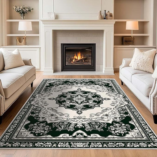 5x7 Traditional Oriental Area Rug Black White Dark Green Rug Non Slip Low Pile Large Carpet for Home Kitchen Living Room Bedroom Dining Room Office