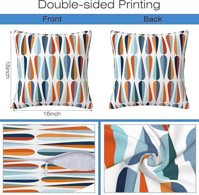 Mid-Century Drop Shapes Throw Pillow Cover Case Modern Retro Style Throw Pillows Set of 2 Super Soft Pillow Covers 16x16 Inches Farmhouse Home Decor for Living Room Bedroom Sofa Couch Cushion Cover