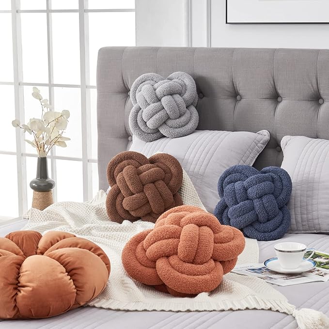 Xiashrk Knot Pillow Ball, 12" Soft Decorative Throw Pillows for Couch Bed, Navy Blue Knotted Plush Throw Pillow Handmade Square Cushion Home Couch Decor Pillows for Living Room
