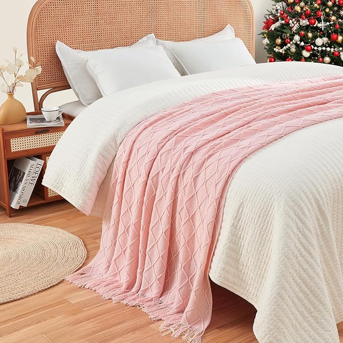 inhand ChristmasThrow Blankets for Couch, Gifts for Women Cozy Home Decor Knit Blanket, Pink Lightweight Decorative Blankets and Throws, Farmhouse Warm Woven Blanket for Men and Women, 50"x60"