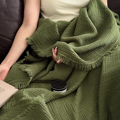 MorroMorn 100% Cotton Muslin Blanket with Fringes Twin Size 60"x80", 4-Layer Gauze Blankets for Adults, Boho Bedding Breathable Lightweight Ultra-Soft for Couch Bed All Seasons, Olive Green
