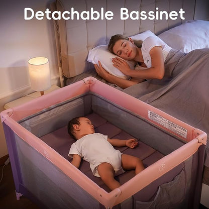 Pamo Babe Pack and Play with Bassinet, Pink Portable Playard for Baby