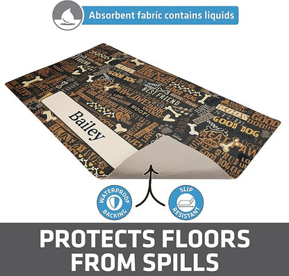 Drymate Personalized Pet Bowl Placemat, Custom Dog & Cat Food Feeding Mat - Absorbent Fabric, Waterproof Backing - Machine Washable/Durable (USA Made) (16" x 28") (Best Friend Brown)