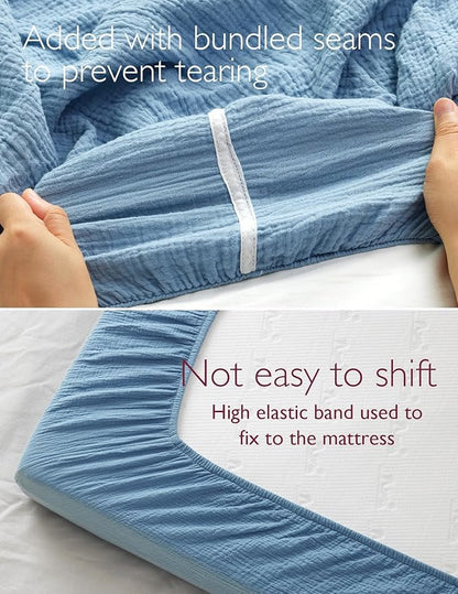 Momcozy Muslin Standard Fitted Crib Sheets, 52"x28", 2 Pack Soft Breathable Natural Cotton Baby Mattress Sheet, 360° Mattress Wrapping No Slip Boys Girls Neutral Toddler Bed Sheet, Grey Blue