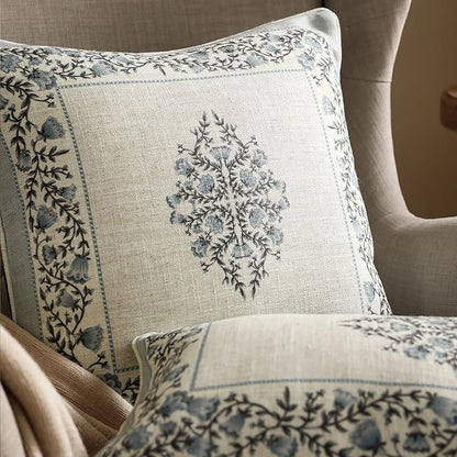 ISAENNE Design Linen Square Throw Pillow Covers 18"x18" Pack of 2, Cottage Farmhouse Cushion Covers with Blue Grey Thorn Vine Pattern Decoration Pillowcases for Bed, Living Room, Outdoor, Car