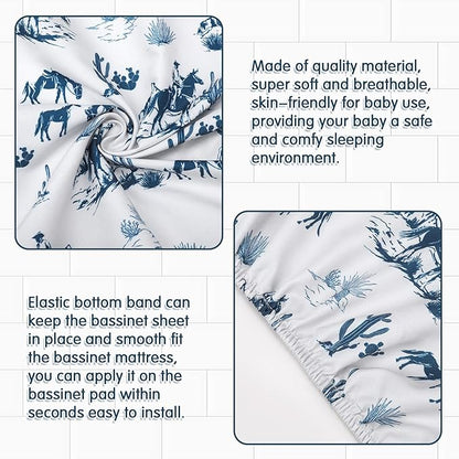 VitalCozy 4 Pcs Vintage Western Cowboy Bassinet Sheets Set 32 x 16 x 3 Inches Sheets for Standard Bed Toddler Mattresses Soft Breathable Cute Print Newborn Bedding for Girl Boys