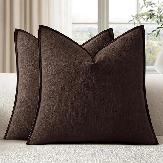 EMEMA Throw Pillow Covers Decorative Linen Pillow Covers 22x22 Inch Dark Brown Boho Farmhouse Neutral Couch Throw Pillows for Bed Pack of 2 Accent Pillowcase Modern Sofa Cushion Livingroom Home