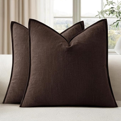 EMEMA Throw Pillow Covers Decorative Linen Pillow Covers 22x22 Inch Dark Brown Boho Farmhouse Neutral Couch Throw Pillows for Bed Pack of 2 Accent Pillowcase Modern Sofa Cushion Livingroom Home